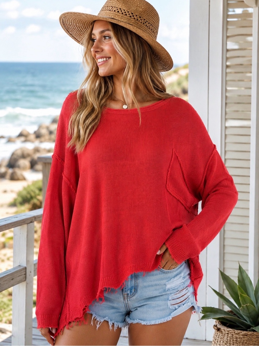 Easel Los Angeles Distressed Hem Oversized Knit Sweater 1X Slouchy Boho NWT